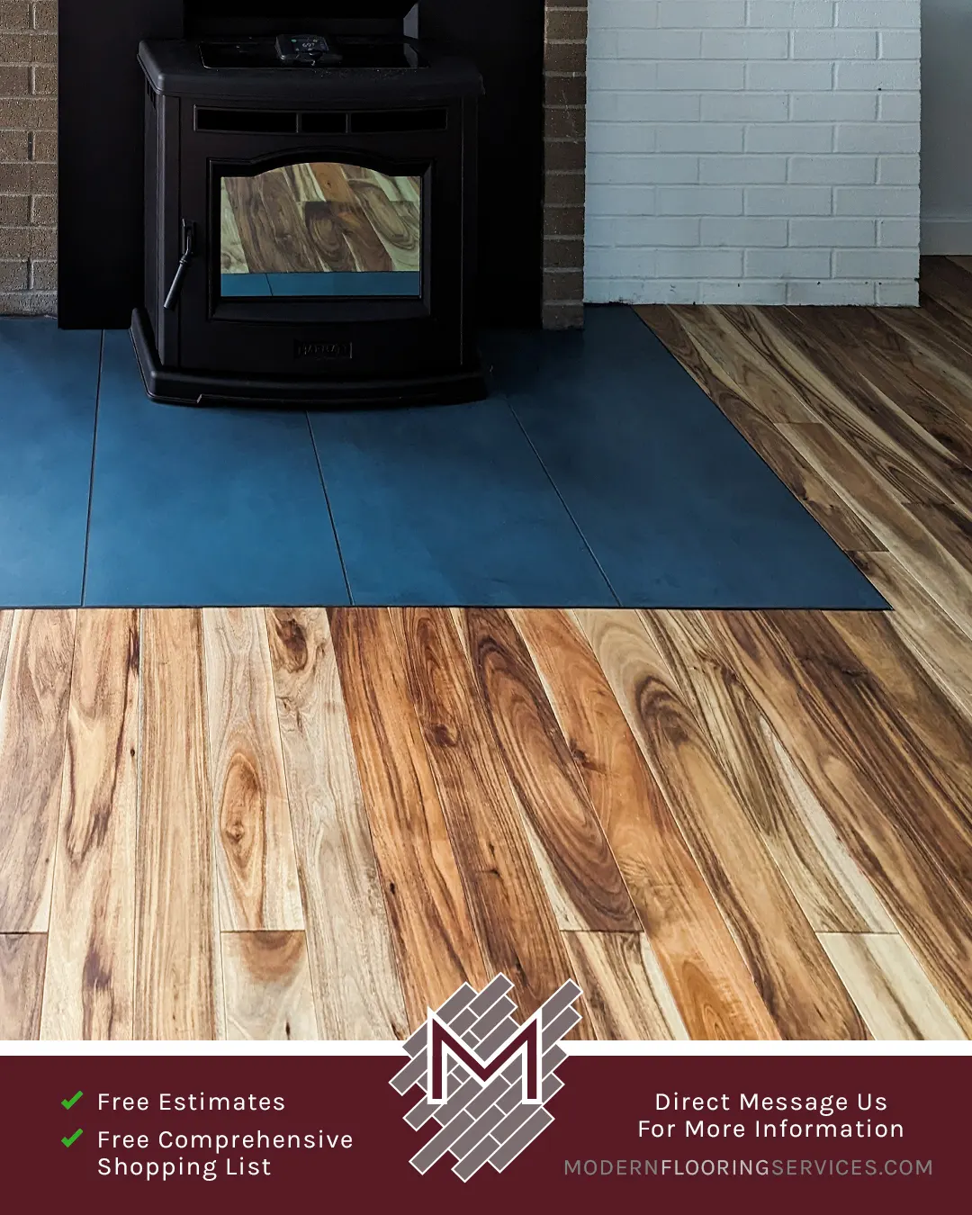 Hardwood Flooring and Fireplace Hearth Tile Installation By Modern Flooring Services.