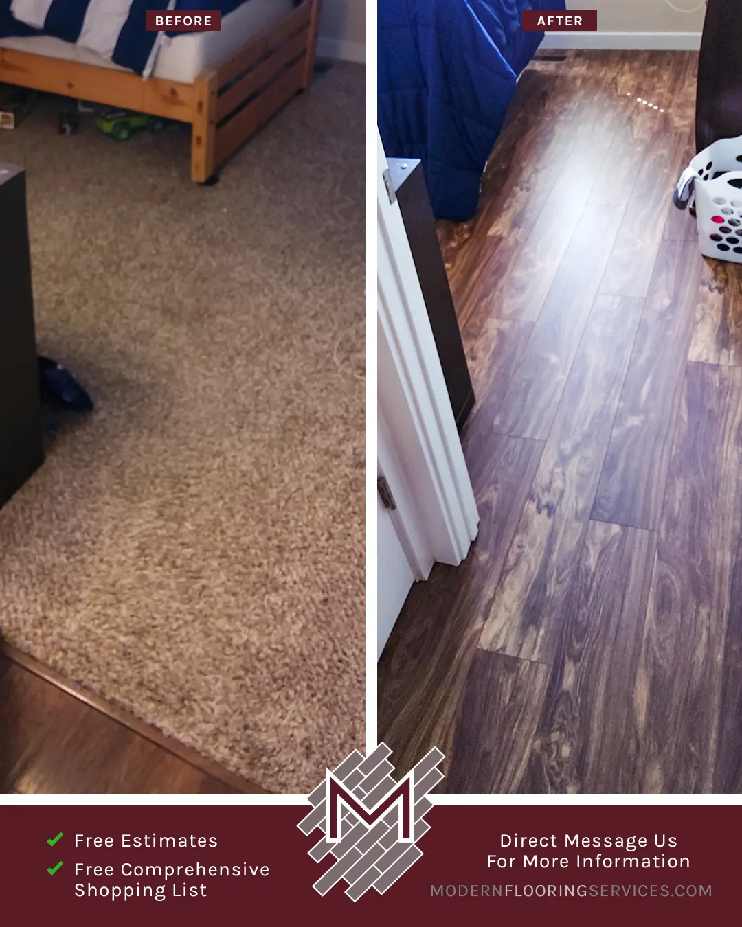 Before and After. Vinyl Flooring Installation By Modern Flooring Services.
