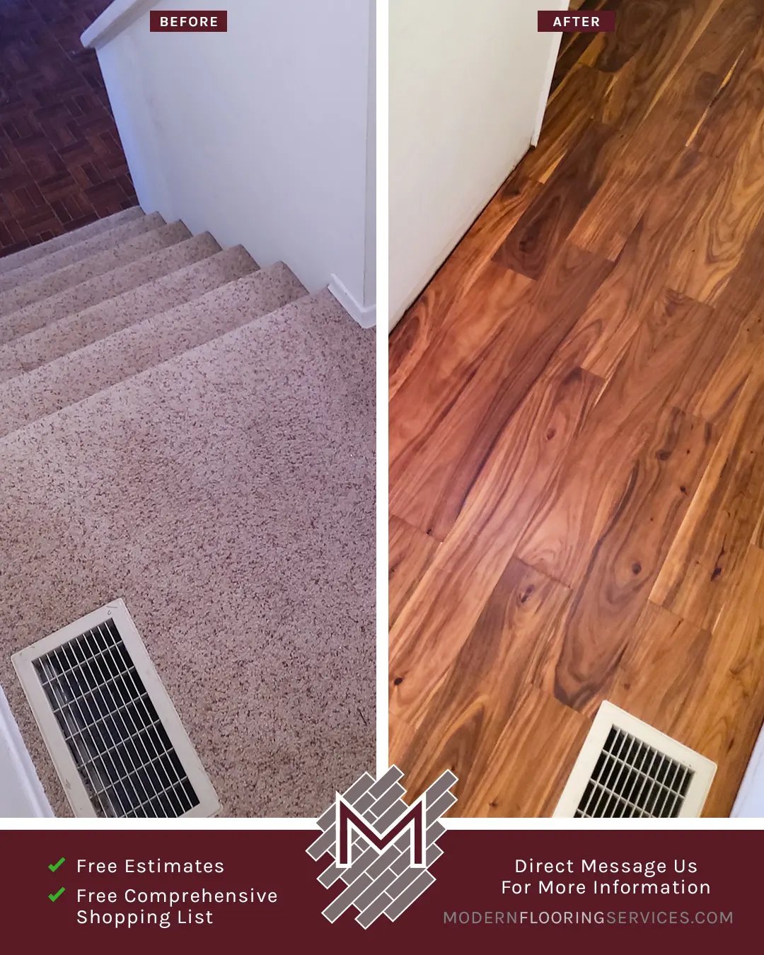 Before and After. Vinyl Flooring Installation By Modern Flooring Services.