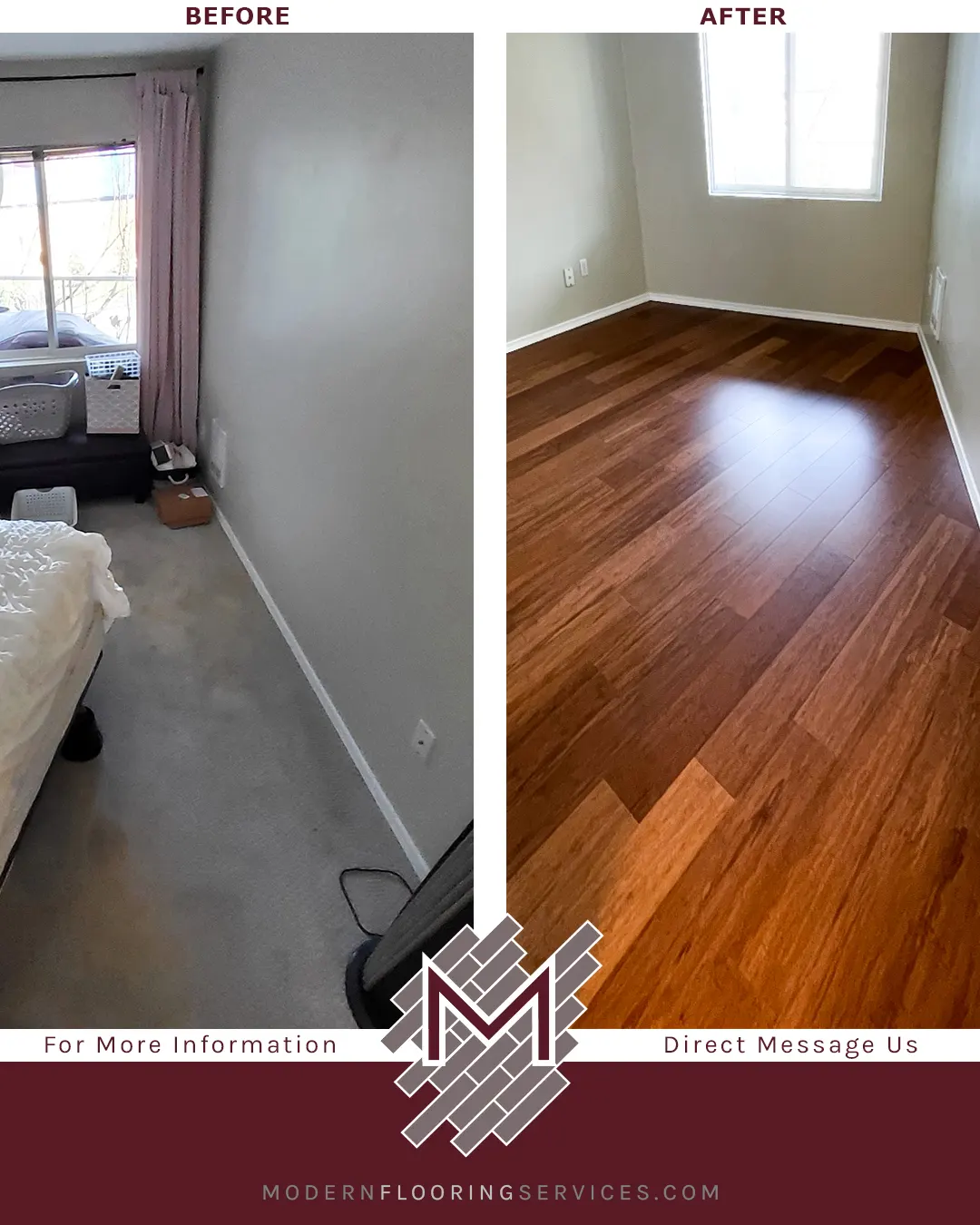 Before and After. Carbonized Strand Smooth Wide Plank Engineered Click Bamboo Flooring Installation.