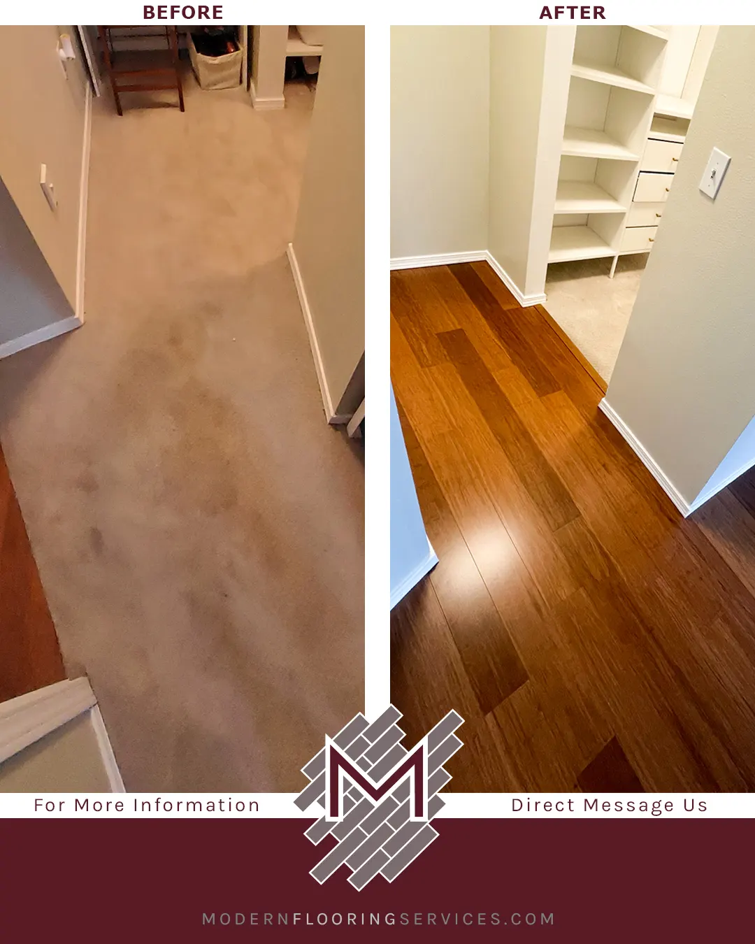 Before and After. Carbonized Strand Smooth Wide Plank Engineered Click Bamboo Flooring Installation.