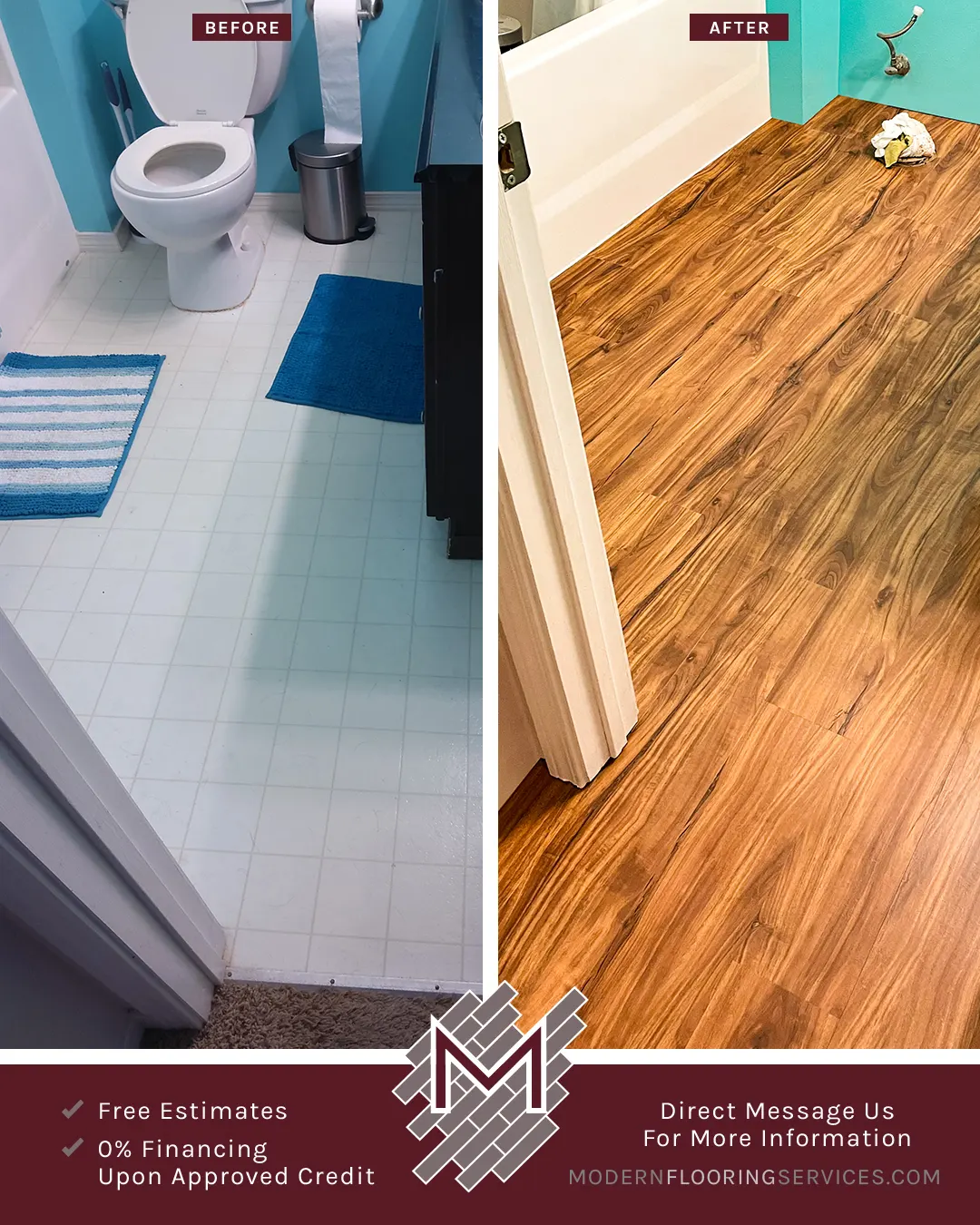 Before and After. Tranquility Ultra Golden Teak Waterproof Luxury Vinyl Plank Flooring Installation.