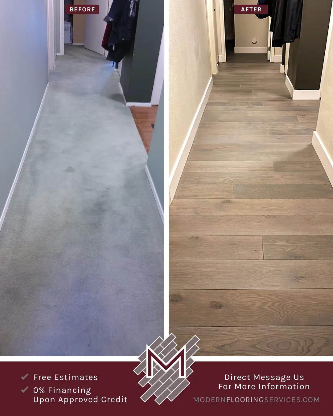 Before and After. White Oak Engineered Hardwood Flooring Installation By Modern Flooring Services.
