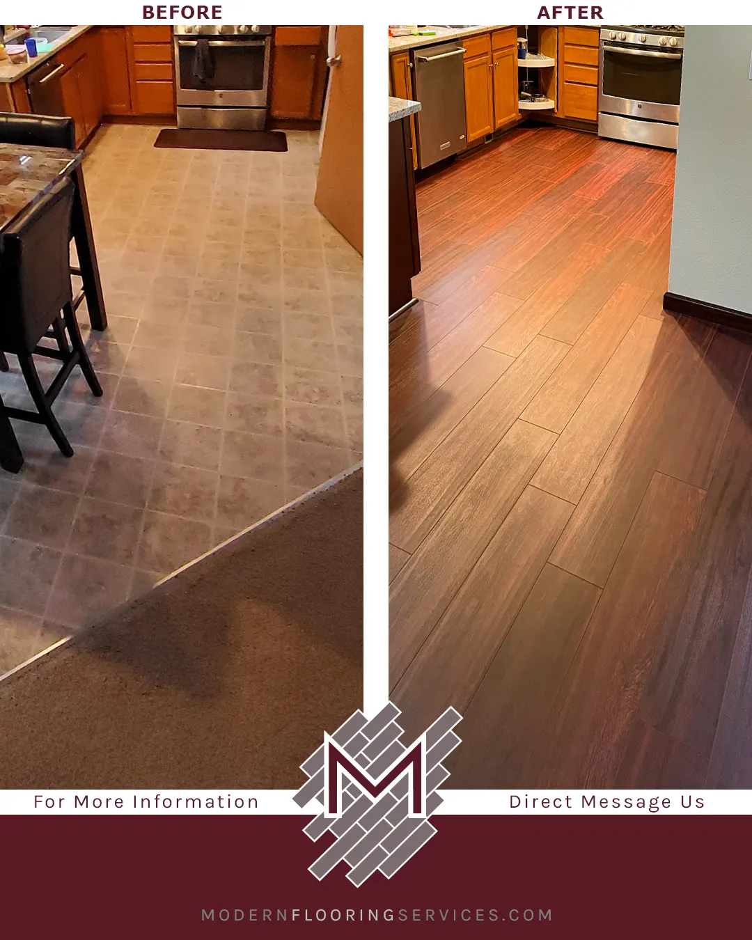 Before and After. CoreLuxe Ultra Bloodwood Waterproof Rigid Vinyl Plank Flooring Installation.