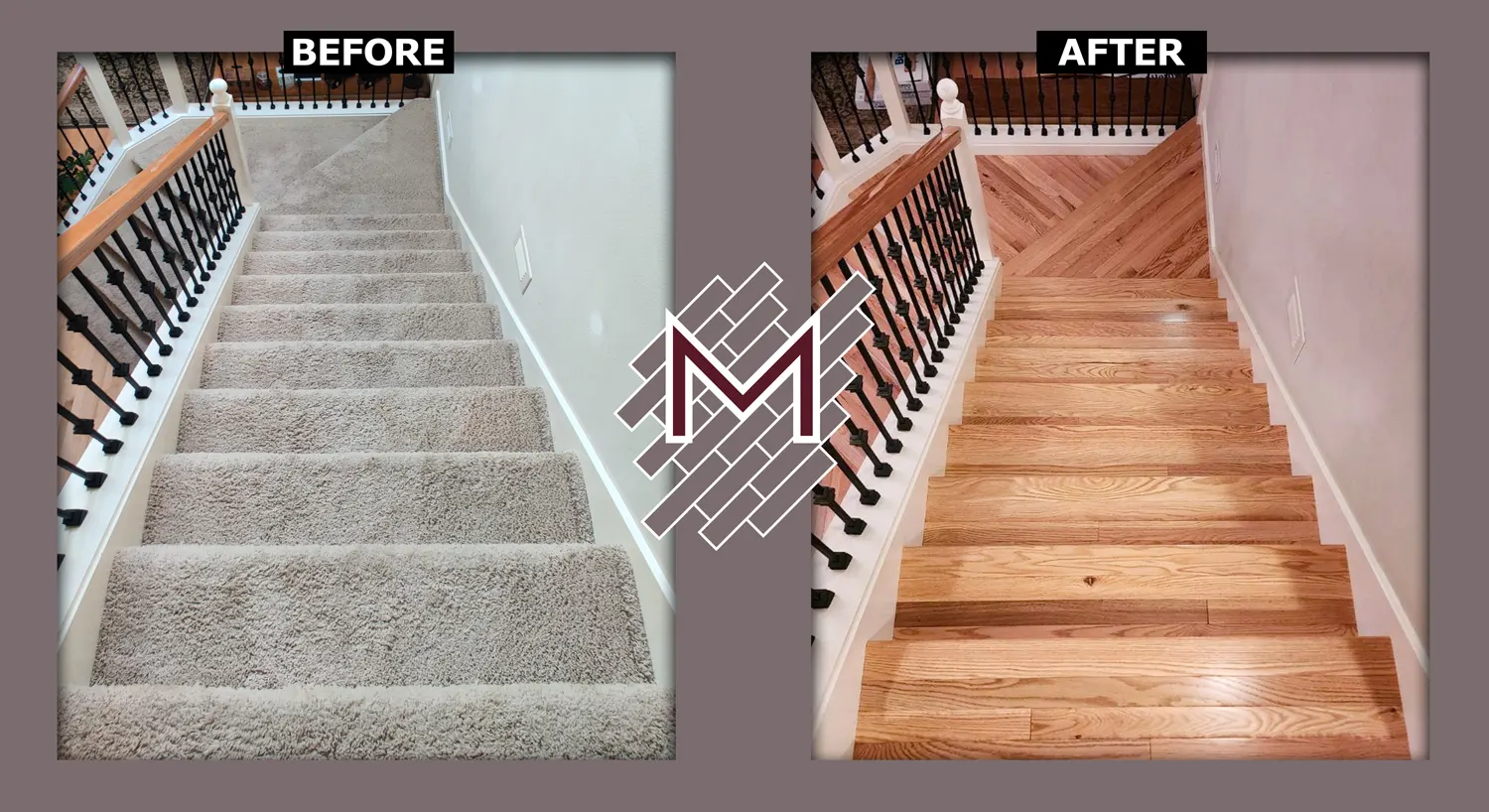 Before and after picture showing the old carpet stairs and the new red oak stairs installed. New flooring installation by Modern Flooring Services