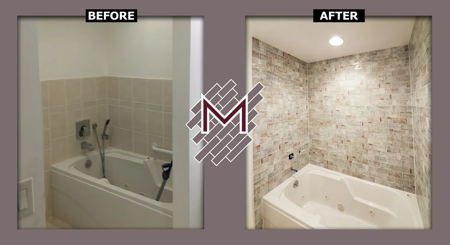 Before and after picture showing the old wall tile and the new wall tile. New flooring installation by Modern Flooring Services