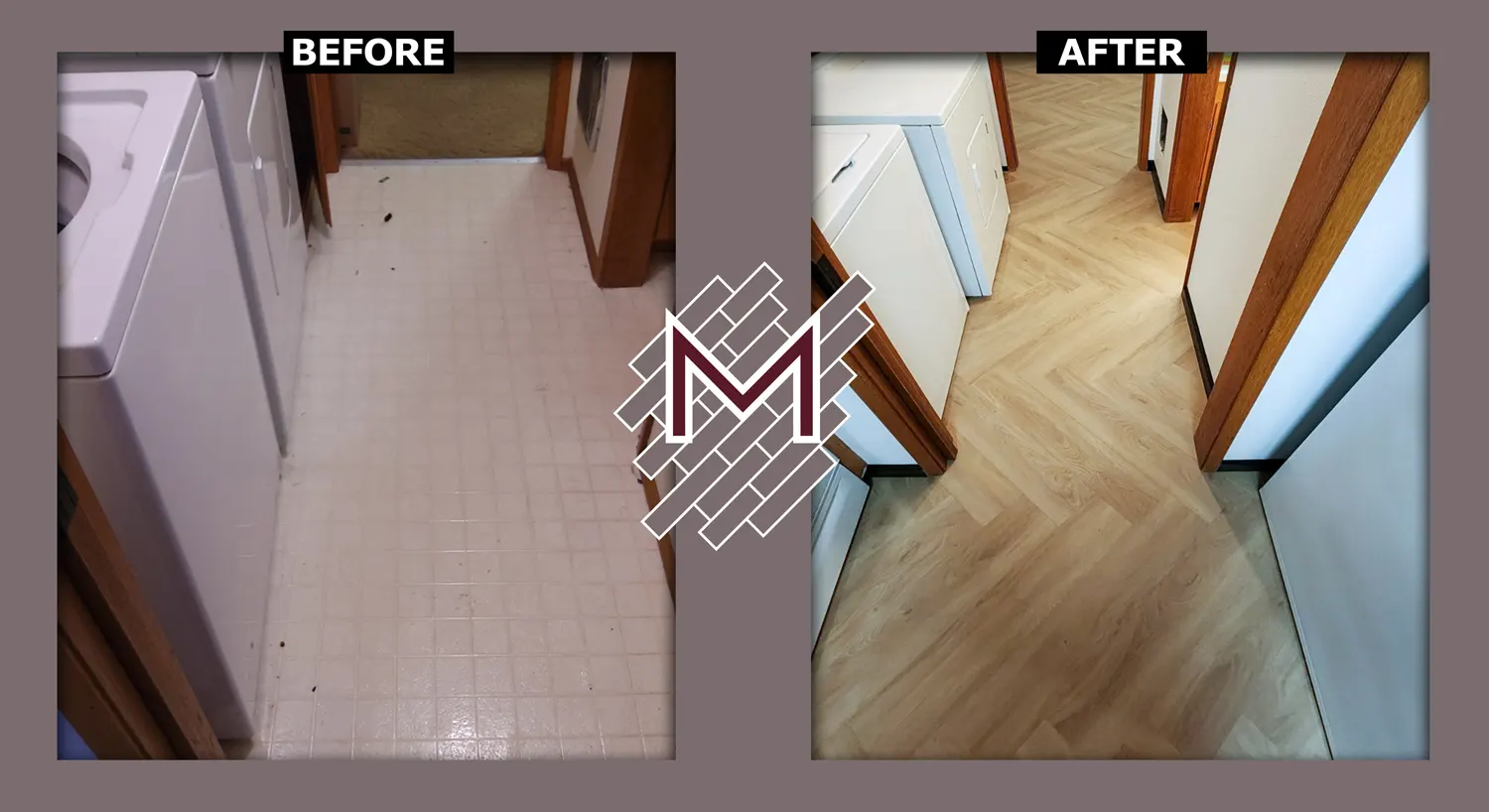 Before and after picture showing the old flooring and the new flooring installed. New flooring installation by Modern Flooring Services.