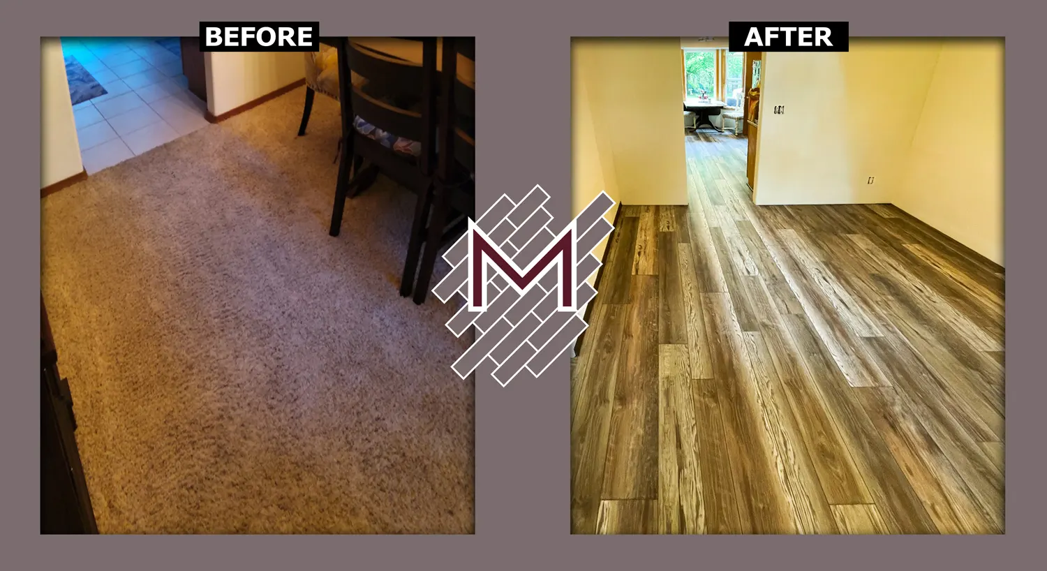 Before and after picture showing the old carpet flooring and new vinyl flooring installed. New flooring installation by Modern Flooring Services.