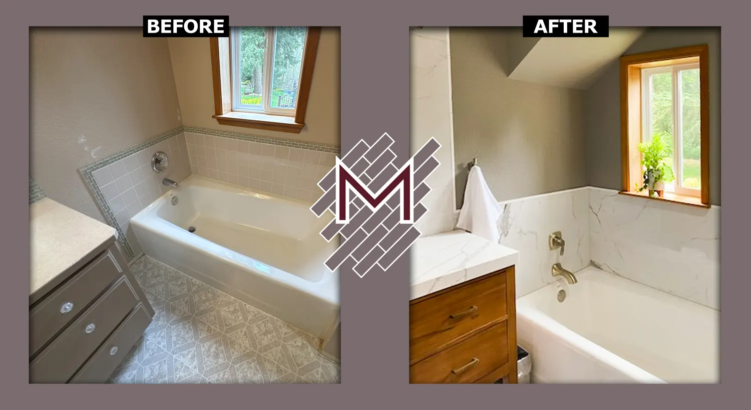 Before and After. Rossalini Polished Porcelain Bathroom Tile Wall and Flooring Installation By Modern Flooring Services.
