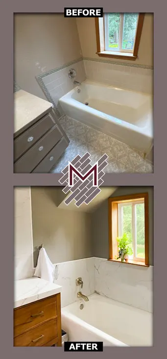 Before and After. Rossalini Polished Porcelain Bathroom Tile Wall and Flooring Installation By Modern Flooring Services.