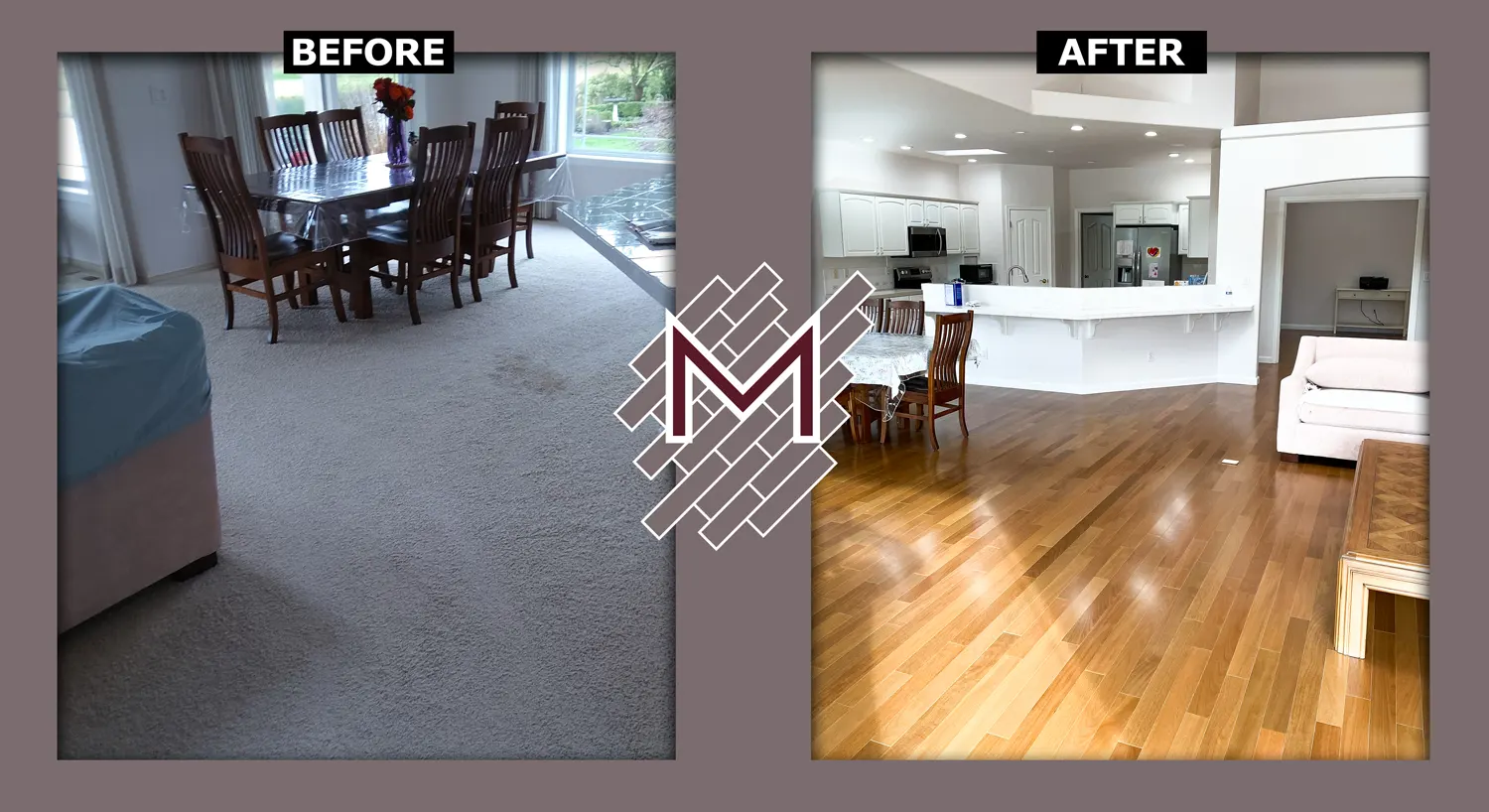 Before and after picture showing the old floor and the new floor. New flooring installation by Modern Flooring Services