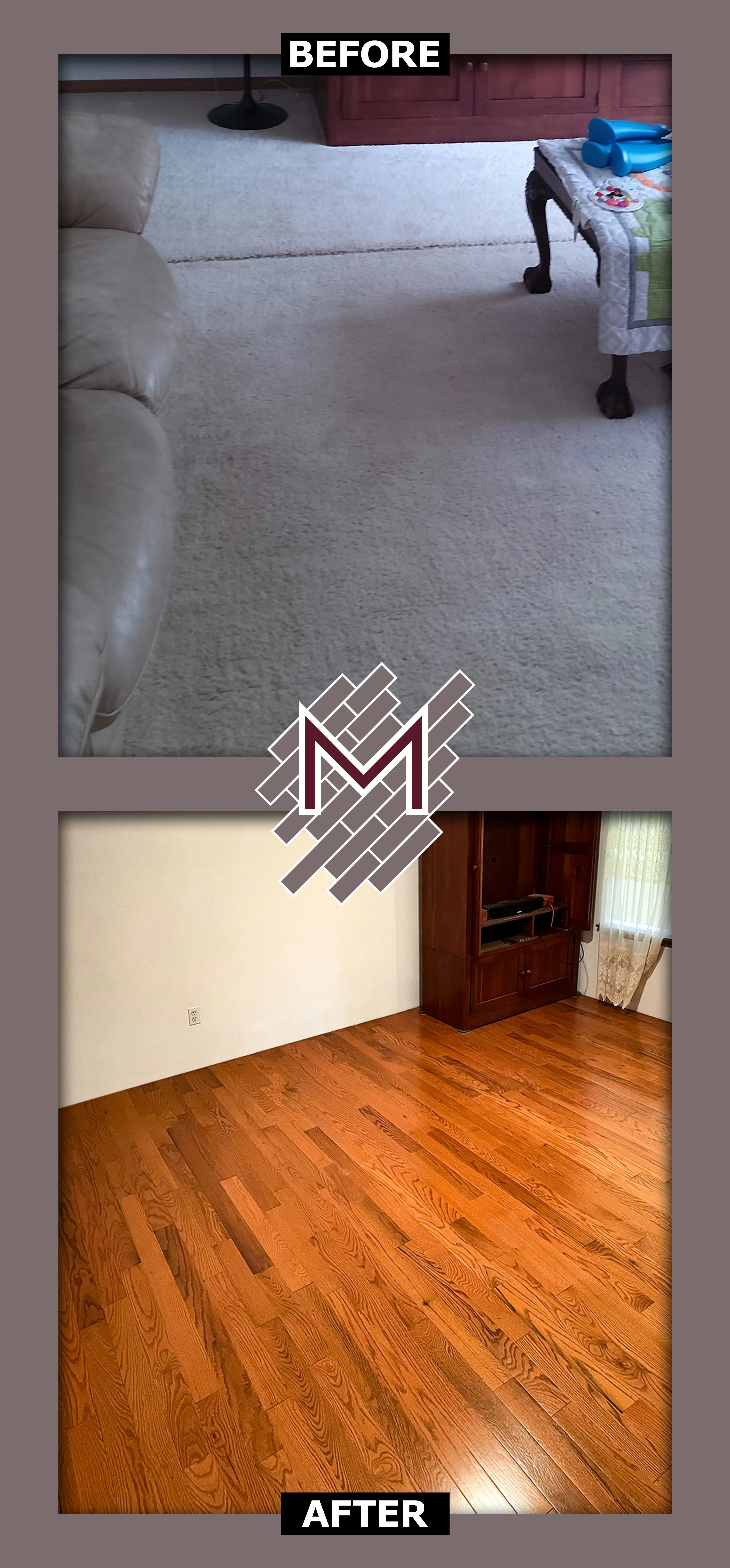 Before and after picture showing the old floor and the new floor. New flooring installation by Modern Flooring Services